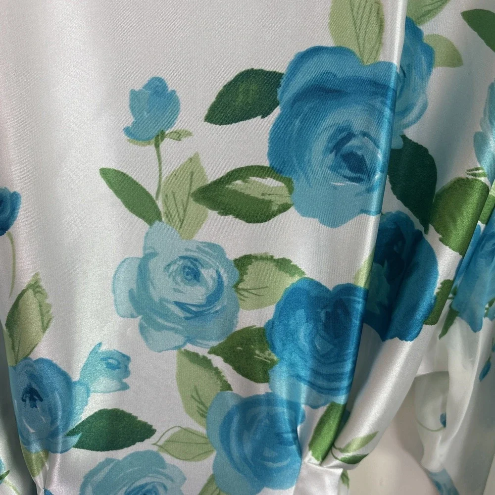 Vtg California‎ Dynasty Womens Robe Sz L Satin Floral Long White Blue Tie
